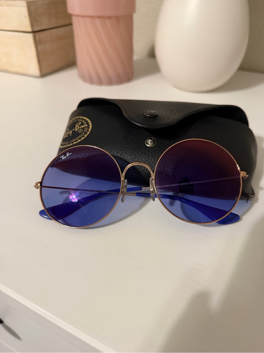 Ray-Ban Round Gold Frame Sunglasses with Blue Gradient Lenses
